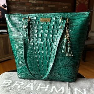 Brahmin Asher Bay Leaf Green Croc-Embossed Leather Tote with Tassel Charm